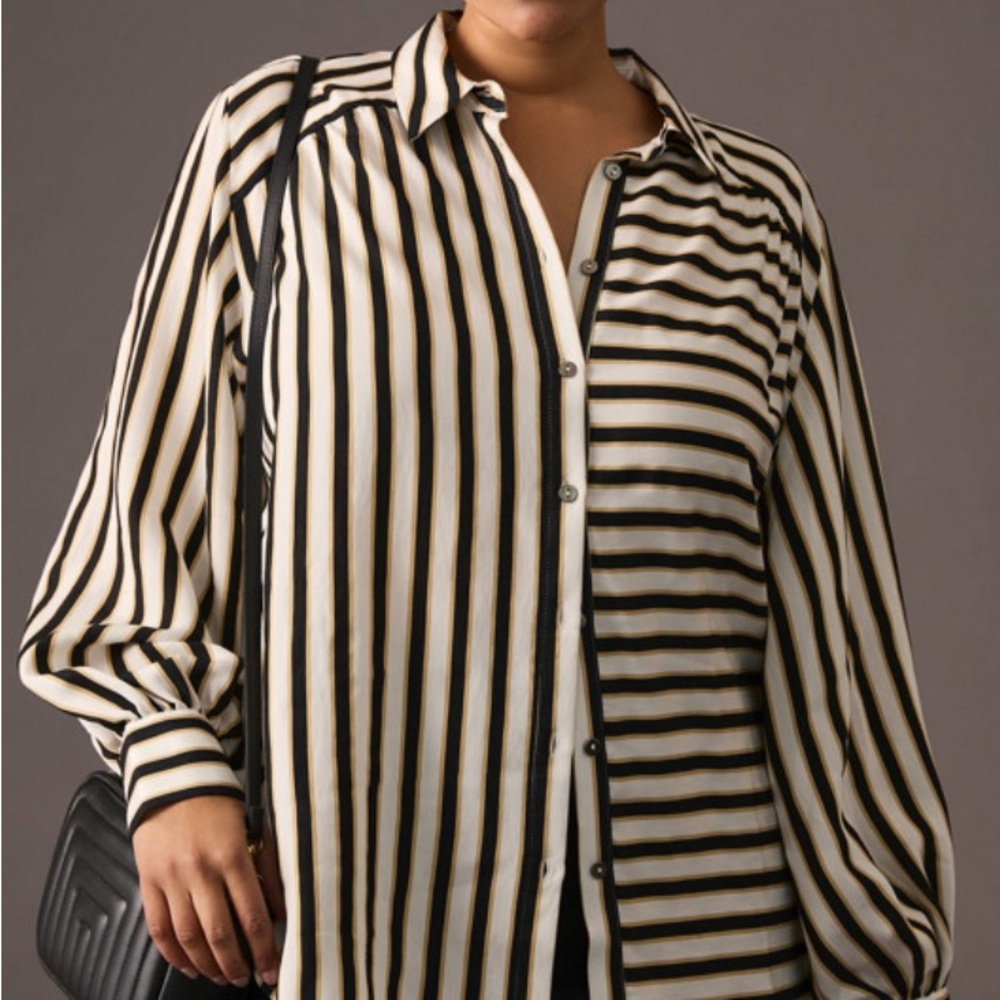 Maeve Anthropologie Black and White Striped Button Down Shirt Size L